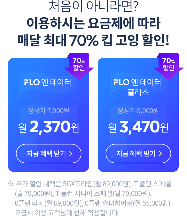 처음이 아니라면? 이용하시는 요금제에 따라 매달 최대 70% 킵 고잉 할인!